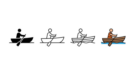  illustration shows minimalist line icons of people rowing small wooden boats on water. © Rabeya's Stock