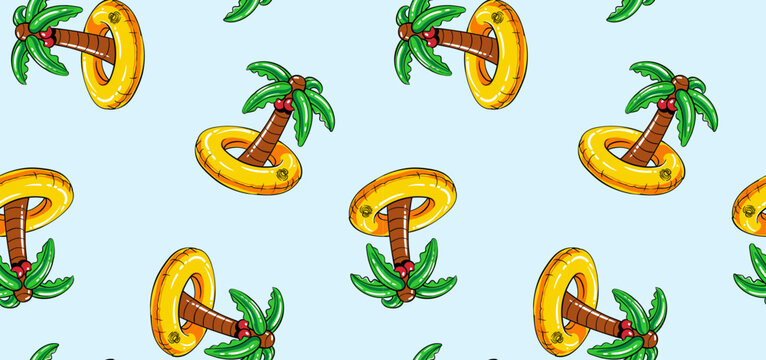 Palm tree Seamless Summer Print Pattern Design. Balloon palm tree with surf Boya. summer tee shirt design. 3d palm tree art. tropical pattern design. kid's, baby, boy. girl clothing print design. 