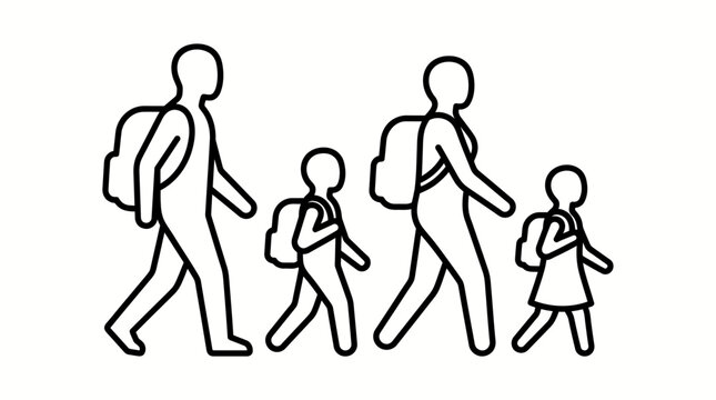  A black-and-white line art vector showing a family of four hiking.