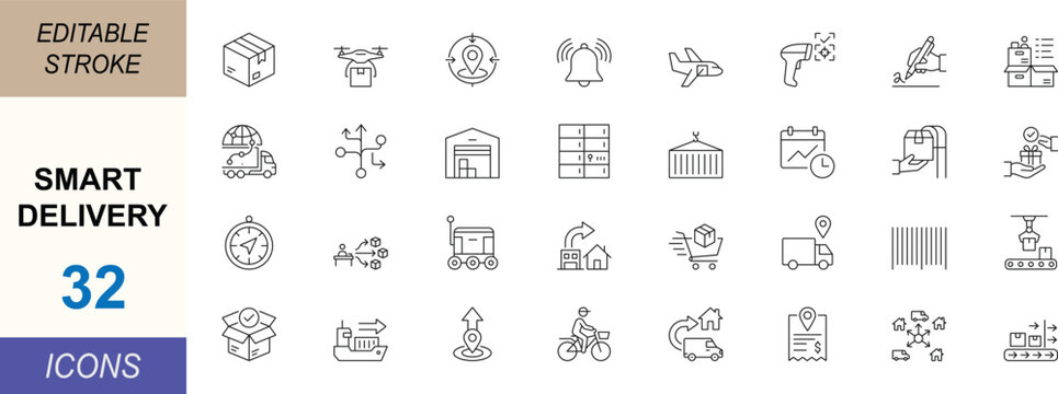 Smart delivery line icon set. Featuring logistics, parcel, tracking, warehouse, routing and fulfillment symbols for web, apps, UI and print vector projects. Editable stroke.