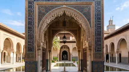 Obraz premium Moorish architecture archway in sunny courtyard with fountain and palm trees