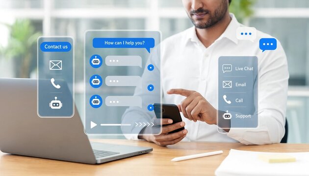 AI workflow Chat interface automation AI assistant messages, contact options and bot interacts on smartphone omnichannel customer support and service automation.