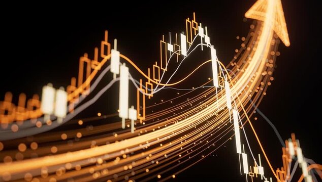 Dynamic financial chart glowing stock market upward arrow trend digital data visualization abstract investment growth trading candlestick pattern futuristic finance background economic success
