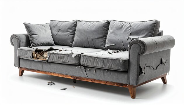 Gray fabric sofa with torn sections, cat sitting on cushions, toy mouse on floor in living room