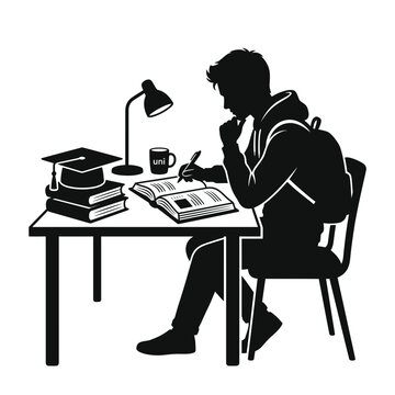 Student sits at a desk with a lamp and books while working hard on a university assignment.
