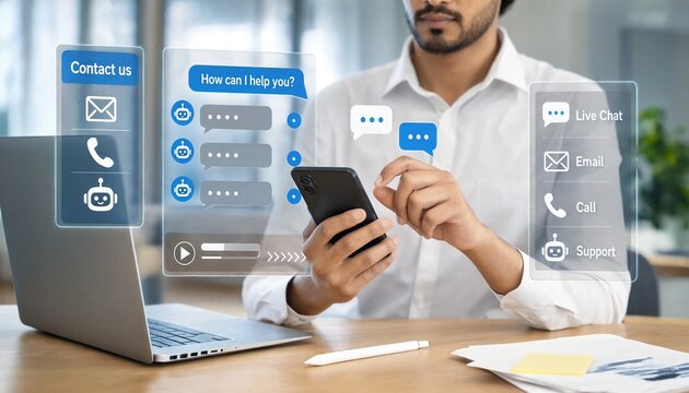 AI workflow Chat interface automation AI assistant messages, contact options and bot interacts on smartphone omnichannel customer support and service automation.