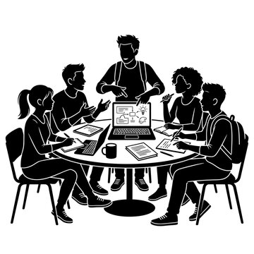 Students sit around a circular table to collaborate on a digital project displayed on a laptop.