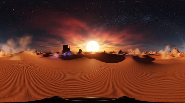 Sunset over vast desert landscape with sand dunes and rocky outcrops under starry night sky