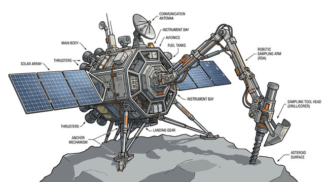 Robotic space probe sampling an asteroid surface