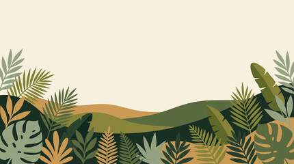 A minimalist botanical landscape featuring various plants and foliage in a serene natural setting with lush greenery and vibrant leaves. © Crushin