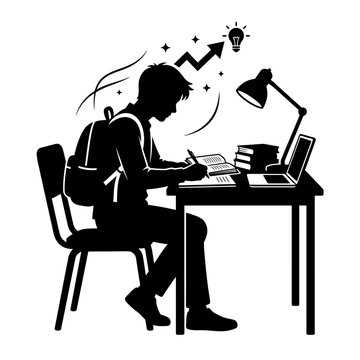 Student focuses on writing in a notebook under a desk lamp while lightbulb ideas emerge above.