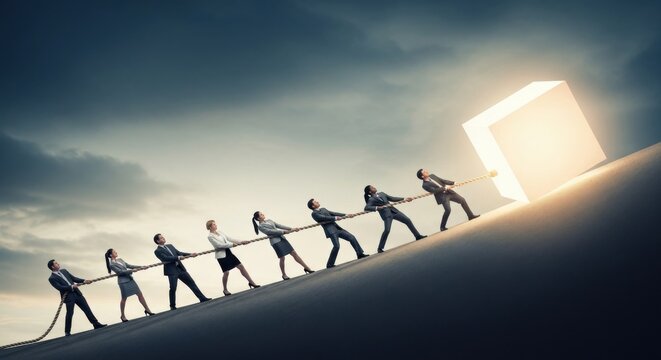 Business team pulling together towards a giant bright opportunity