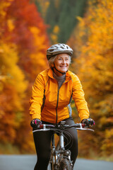 Naklejka premium Cardio sports cycling biking exercise training, healthy lifestyle. A woman wearing a bright yellow jacket and black pants, riding a bicycle down a road surrounded by vibrant fall foliage.