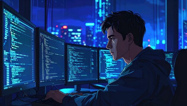 A person codes in a dark room with multiple monitors, overlooking a city skyline