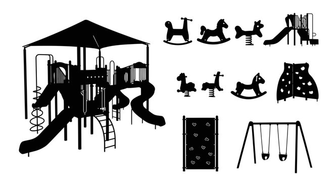 Playground Equipment Layout Design Collection Featuring Climbing Structures and Swings in Black and White