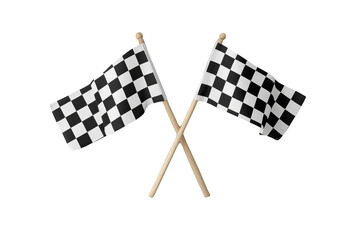 Fototapeta premium Checkered racing flags crossed on wooden poles representing motorsport success, finish line, and ultimate victory