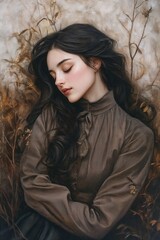 Fototapeta premium Dreamy brunette woman sleeping in vintage dress, fine art portrait with natural botanical background