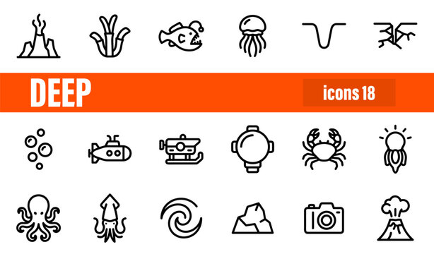 Set of 18 Deep Sea Marine Life and Exploration Line Icons