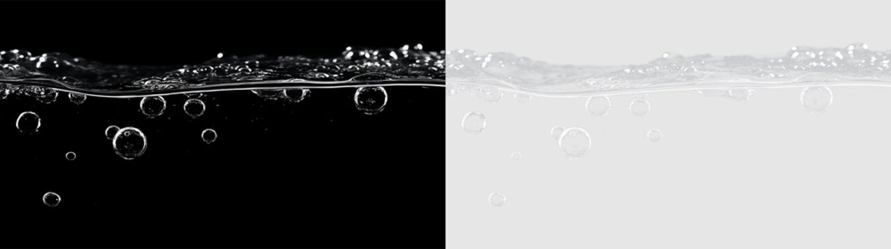 Clear water surface with bubbles on a transparent background showing movement and texture