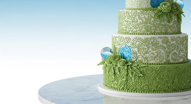 Elegant green tiered celebration cake decorated with blue flowers on a table against a soft sky background, perfect for weddings, birthdays, and special events