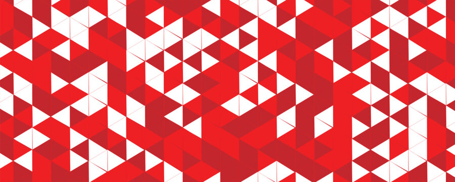 Abstract geometric low poly background with repeating triangle patterns in bright red and white colors. Modern mosaic backdrop design for dynamic panoramic banners and headers.