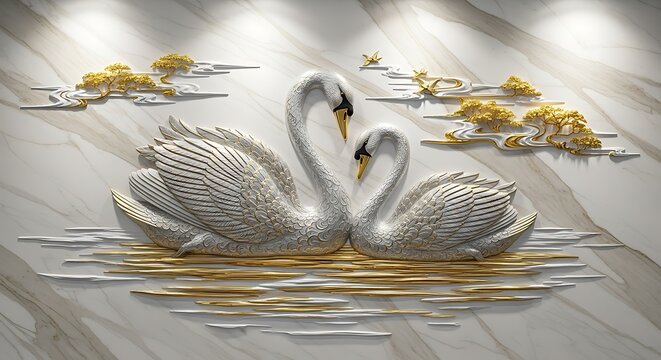 Luxury 3D swan sculpture on marble wall with gold trees and water effect  elegant home decor with two swans and golden trees