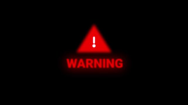 Red warning message on source code bg, alert sign, exclamation mark inside a triangle on black bg. Alert notice, problem, danger, fail on emergency, alert notice, computer hacking error