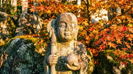 Obraz premium Ancient Stone Buddha Statue in Autumn Forest.