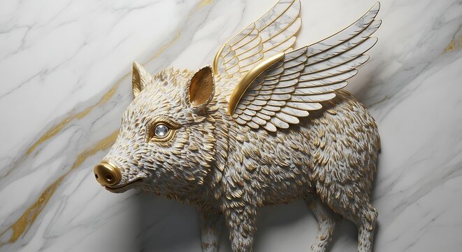Golden boar with wings on marble background sculpture animal mythical creature