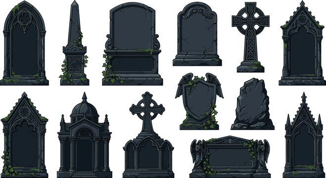 Gothic Headstone and Tombstone Vector Collection Featuring Old Cemetery Graves Crypt Obelisk Cross and Crypt Game Asset Elements