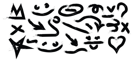 Punk and graffiti style brush drawn doodle shapes. Hand drawn bold brush star, arrow, skull and crown. Graffiti bold brush drawn figures for collages, grunge street art design, rock and roll aesthetic © MstHiyaAktar