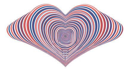 Obraz premium Abstract optical illusion heart shape composed of numerous concentric red white and blue lines on a plain background for romantic designs.