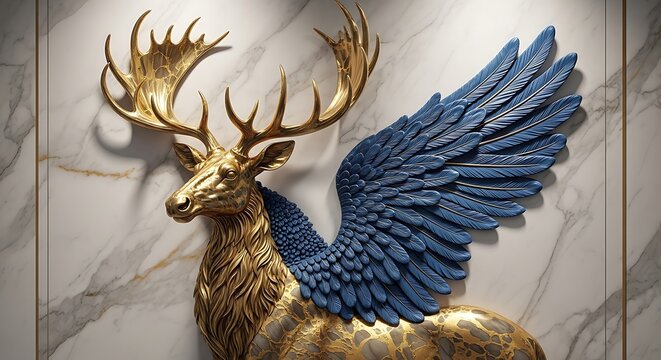 Golden deer with blue wings on marble wall  mythical creature  decorative art