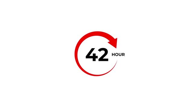 Featuring a circular red arrow and black dots, with the number 42 and the word hours in black text on a white background indicating time