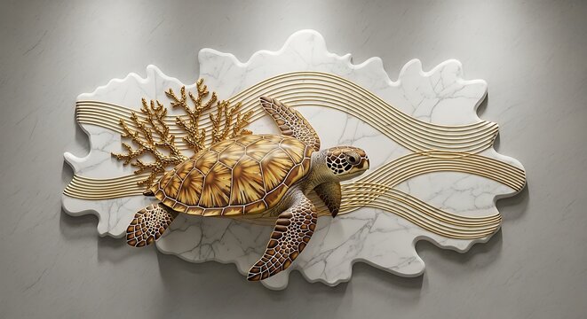 Gold sea turtle sculpture on white marble and gold leaf wave art piece mounted on gray wall  decorative wall art