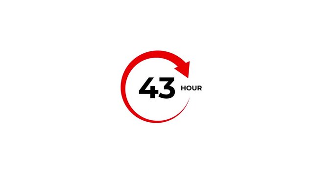 Featuring a circular red arrow and black dots, with the number 43 and the word hours in black text on a white background indicating time