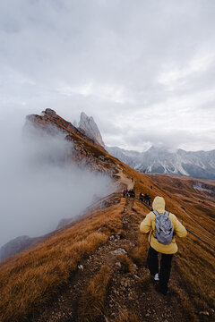 Scenic landscape view of the Dolomites Alps featuring the Odle mountain range and Seceda peak in Italy. Captures dramatic alpine scenery,