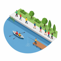 Isometric illustration of people rowing and walking by a river. © ahmad