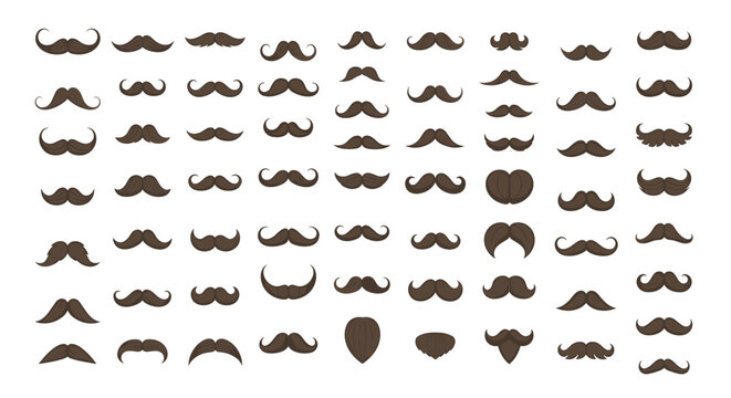 Extensive collection of various mustache styles in brown color ranging from classic to quirky on a white background.