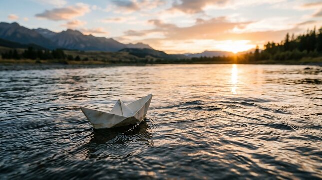 Paper boat floating on a mountain river at sunset