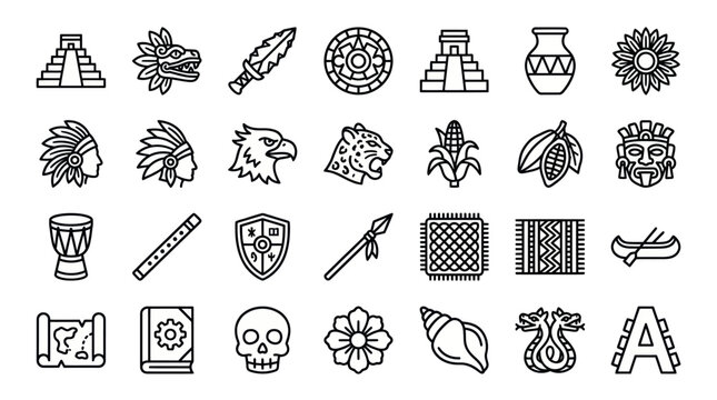 Ancient Mesoamerican and Aztec culture linear icon set.