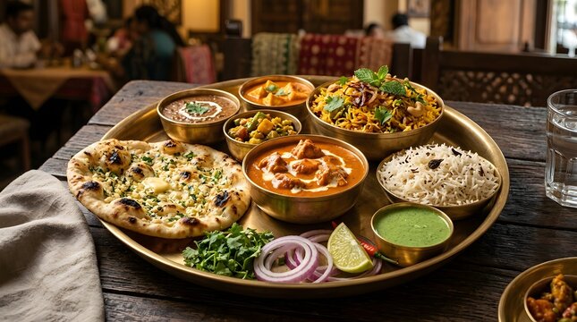 Indian cuisine, traditional thali with naan bread, curries, rice, and chutneys