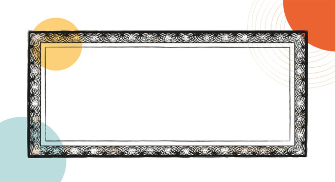 Decorative black rectangular frame with a floral lace pattern set against a background of colorful circles on white.