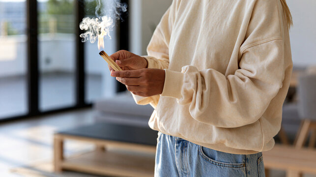 Close Up of Woman with Burning Palo Santo Stick to Cleanse Modern Home