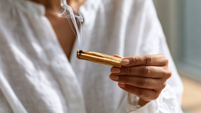 Lit Palo Santo Stick with Fragrant Smoke Held by Woman in Sunny Wellness Room for Ritual Cleansing