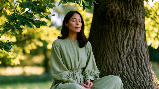 Woman in Sage Green Dress Sitting Beneath Tree Practicing Silent Forest Meditation for Inner Peace