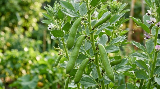 Fresh fava beans on Vicia faba plants in an organic garden setting.