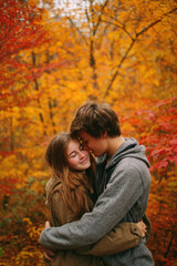 Fototapeta premium Lovely couple romantic moment. A man and woman embracing in an autumn forest. The trees are adorned with vibrant red, orange, and yellow leaves, and the sky is a clear blue.