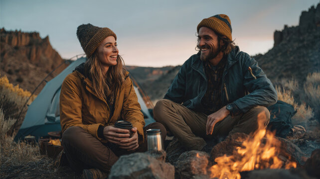 Romantic love theme for Valentines Day. A man and woman seated by a campfire, both wearing jackets and hats. The woman holds a cup, and the man wears a watch. The campfire is surrounded by stones.