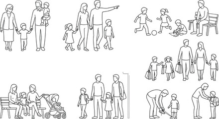 Obraz premium Family Parenting and Childcare Outline Vector Collection Featuring Parents Children Daily Activities and Park Lifestyle Scenes